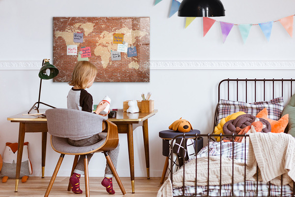 Decoratief glazen wandbord beschrijfbaar en magnetisch Wereldkaart met fotolocaties