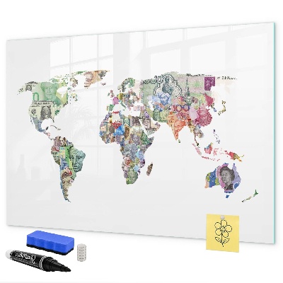 Memobord van glas met print inclusief neodymium magneten Een wereldkaart met persoonlijke herinneringen.