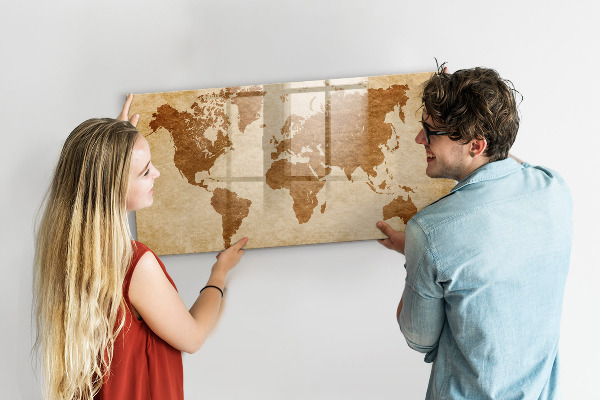 Memobord van glas met print inclusief neodymium magneten Een wereldkaart met herdenkingsplaatsen.