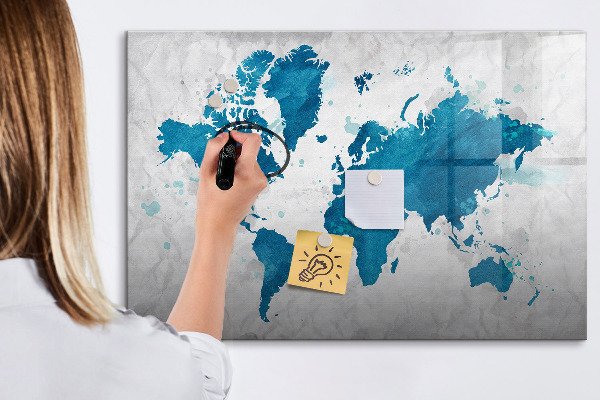 Decoratief glazen wandbord beschrijfbaar en magnetisch Wereldkaart met persoonlijke foto's