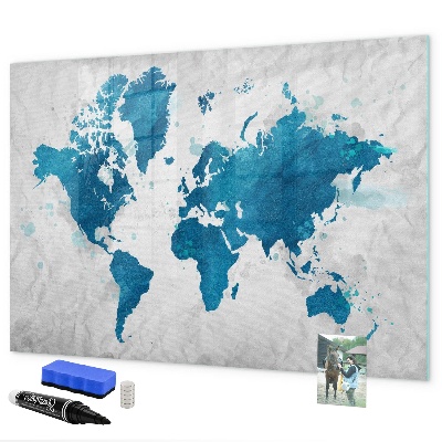 Decoratief glazen wandbord beschrijfbaar en magnetisch Wereldkaart met persoonlijke foto's