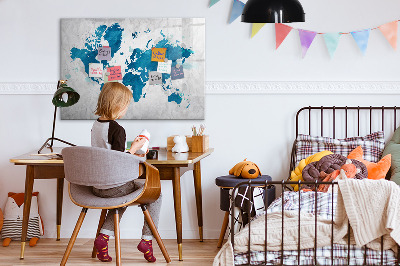 Decoratief glazen wandbord beschrijfbaar en magnetisch Wereldkaart met persoonlijke foto's