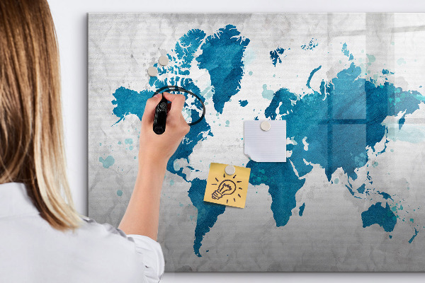 Decoratief glazen wandbord beschrijfbaar en magnetisch Wereldkaart met persoonlijke foto's