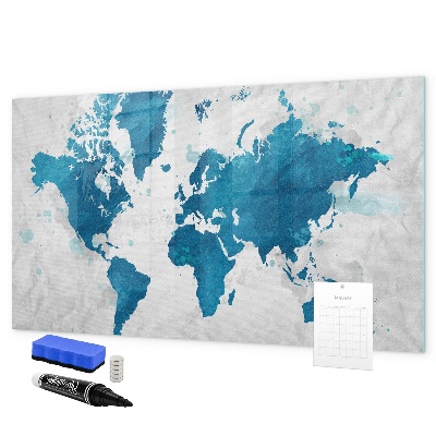 Decoratief glazen wandbord beschrijfbaar en magnetisch Wereldkaart met persoonlijke foto's