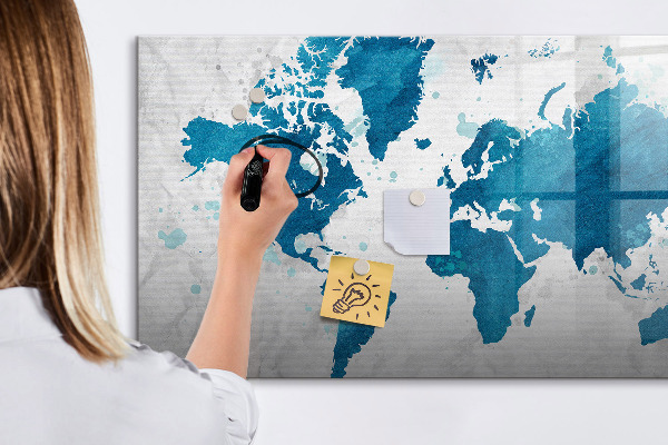Decoratief glazen wandbord beschrijfbaar en magnetisch Wereldkaart met persoonlijke foto's