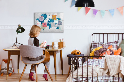 Decoratief glazen wandbord beschrijfbaar en magnetisch Wereldkaart met persoonlijke foto's