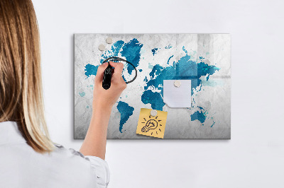 Decoratief glazen wandbord beschrijfbaar en magnetisch Wereldkaart met persoonlijke foto's
