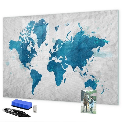 Decoratief glazen wandbord beschrijfbaar en magnetisch Wereldkaart met persoonlijke foto's