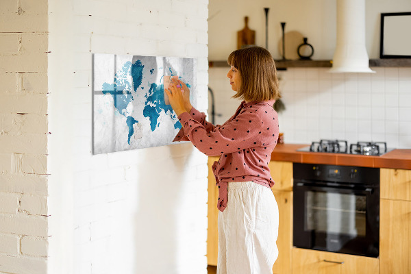 Decoratief glazen wandbord beschrijfbaar en magnetisch Wereldkaart met persoonlijke foto's