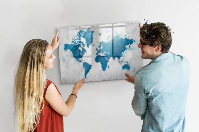 Decoratief glazen wandbord beschrijfbaar en magnetisch Wereldkaart met persoonlijke foto's