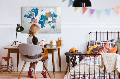 Decoratief glazen wandbord beschrijfbaar en magnetisch Wereldkaart met persoonlijke foto's