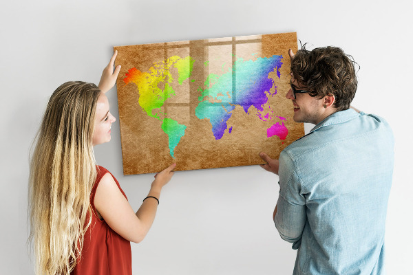 Memobord van glas met print inclusief neodymium magneten Kleurrijke kaart met fotospots