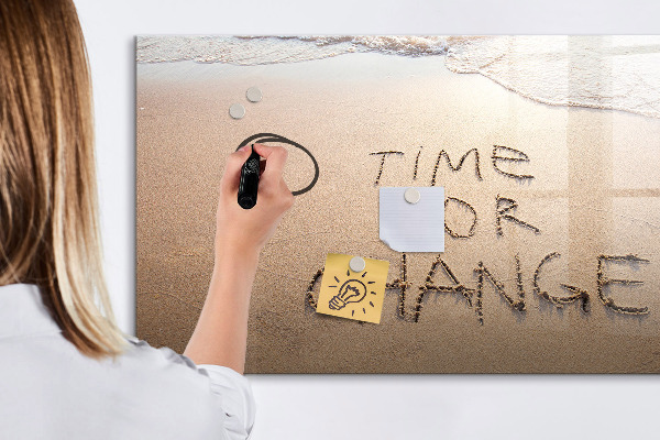 Decoratief glazen wandbord beschrijfbaar en magnetisch Tijd voor veranderingen en herinneringen.