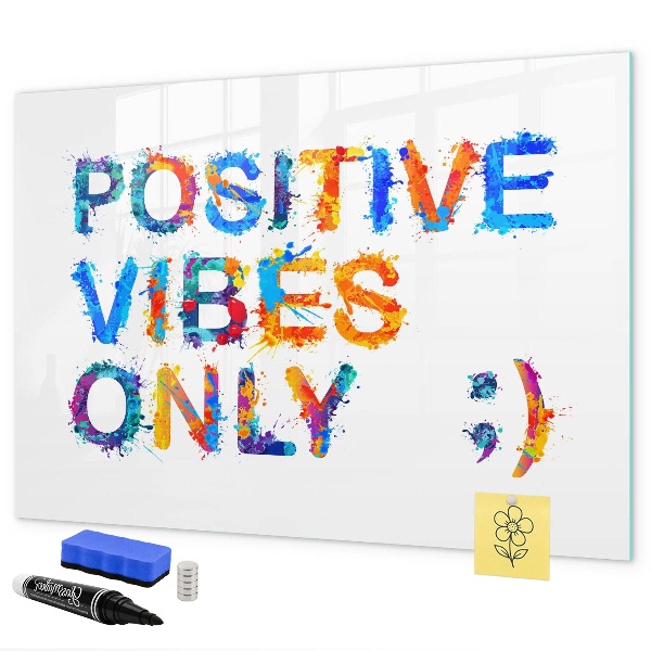 Decoratief glazen wandbord beschrijfbaar en magnetisch Positieve vibes in een kleurrijke stijl.