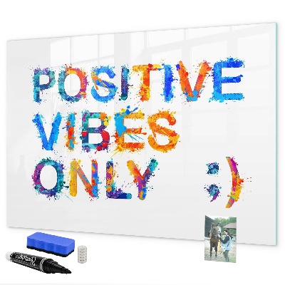 Decoratief glazen wandbord beschrijfbaar en magnetisch Positieve vibes in een kleurrijke stijl.