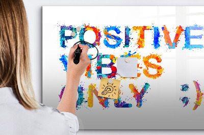 Decoratief glazen wandbord beschrijfbaar en magnetisch Positieve vibes in een kleurrijke stijl.