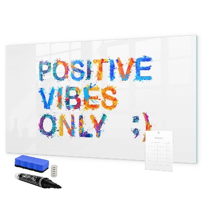 Decoratief glazen wandbord beschrijfbaar en magnetisch Positieve vibes in een kleurrijke stijl.