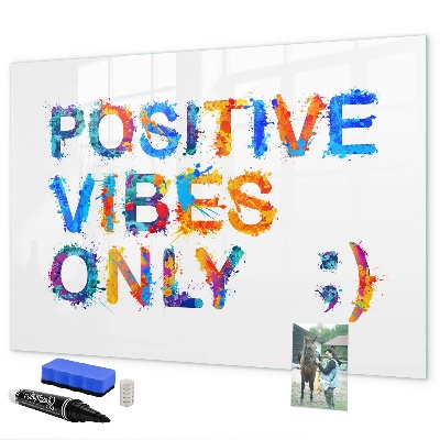 Decoratief glazen wandbord beschrijfbaar en magnetisch Positieve vibes in een kleurrijke stijl.