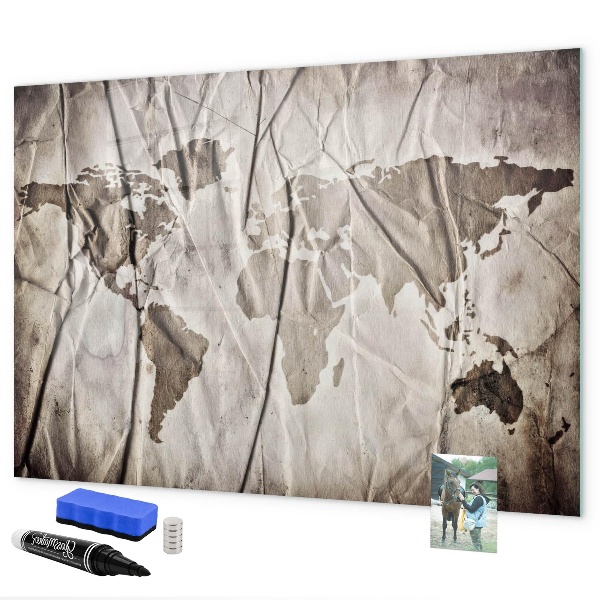 Memobord van glas met print inclusief neodymium magneten Wereldkaart met foto's en accessoires