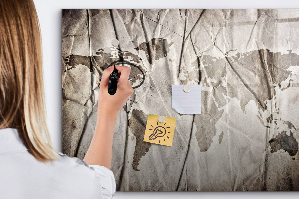 Memobord van glas met print inclusief neodymium magneten Wereldkaart met foto's en accessoires