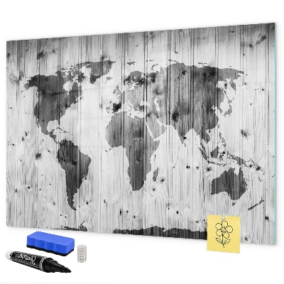 Decoratief glazen wandbord beschrijfbaar en magnetisch Een wereldkaart met persoonlijke herinneringen.
