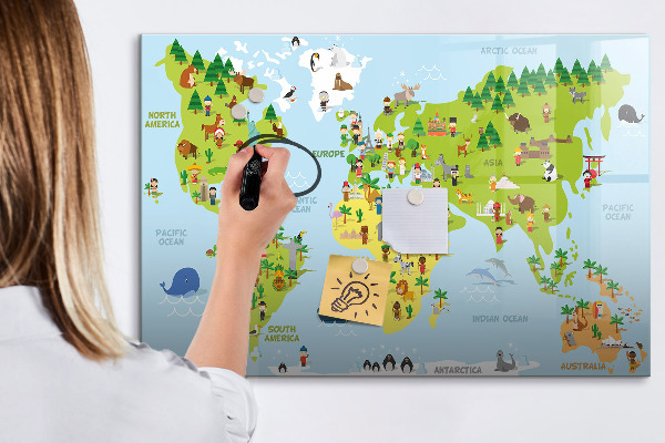 Decoratief glazen wandbord beschrijfbaar en magnetisch Interactieve wereldkaart met foto's