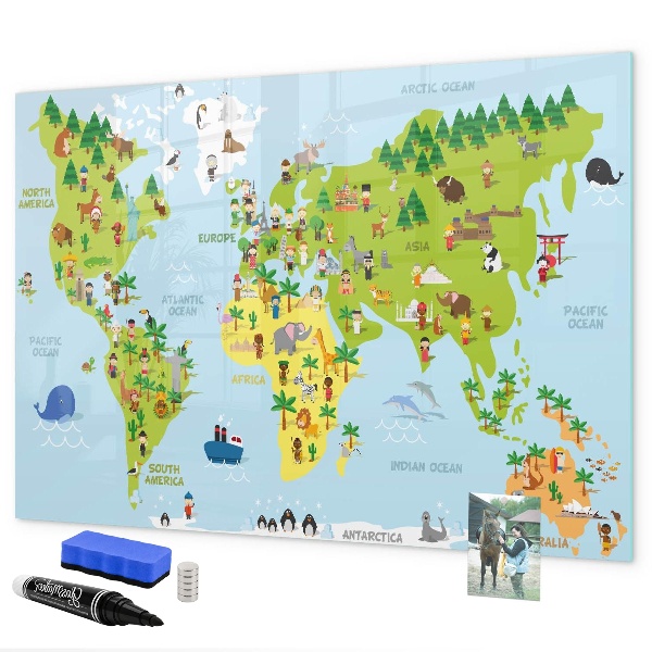 Decoratief glazen wandbord beschrijfbaar en magnetisch Interactieve wereldkaart met foto's