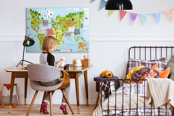 Decoratief glazen wandbord beschrijfbaar en magnetisch Interactieve wereldkaart met foto's