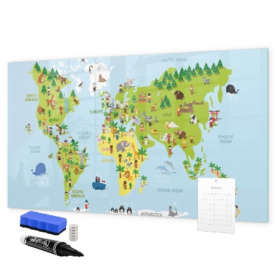 Decoratief glazen wandbord beschrijfbaar en magnetisch Interactieve wereldkaart met foto's