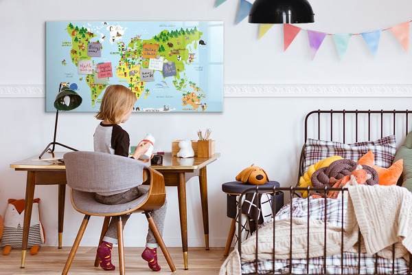 Decoratief glazen wandbord beschrijfbaar en magnetisch Interactieve wereldkaart met foto's