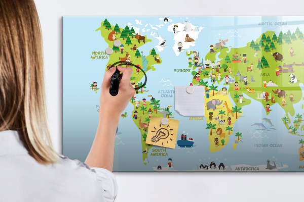 Decoratief glazen wandbord beschrijfbaar en magnetisch Interactieve wereldkaart met foto's