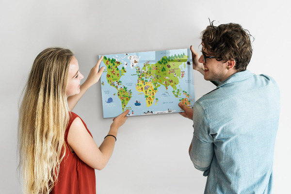 Decoratief glazen wandbord beschrijfbaar en magnetisch Interactieve wereldkaart met foto's