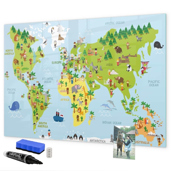 Decoratief glazen wandbord beschrijfbaar en magnetisch Interactieve wereldkaart met foto's