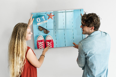 Memobord van glas met print inclusief neodymium magneten Zomerse herinneringen op een blauwe achtergrond