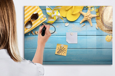 Decoratief glazen wandbord beschrijfbaar en magnetisch Zomerse herinneringen op een blauwe achtergrond