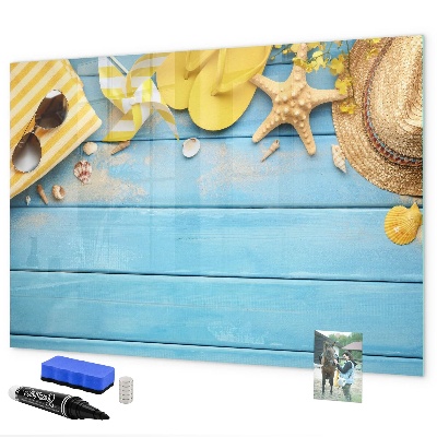 Decoratief glazen wandbord beschrijfbaar en magnetisch Zomerse herinneringen op een blauwe achtergrond