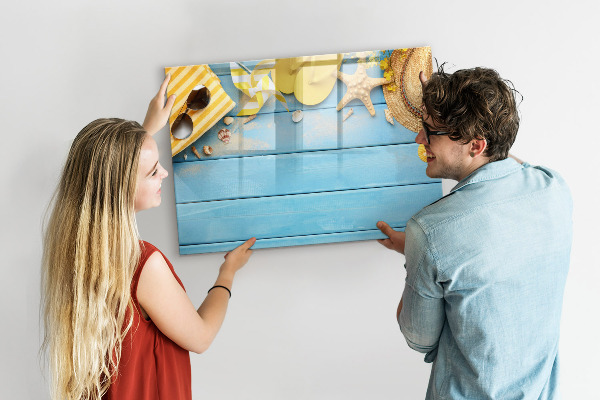 Decoratief glazen wandbord beschrijfbaar en magnetisch Zomerse herinneringen op een blauwe achtergrond