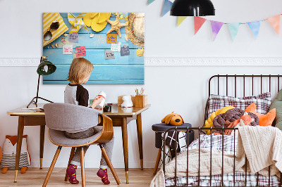 Decoratief glazen wandbord beschrijfbaar en magnetisch Zomerse herinneringen op een blauwe achtergrond