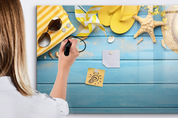 Decoratief glazen wandbord beschrijfbaar en magnetisch Zomerse herinneringen op een blauwe achtergrond