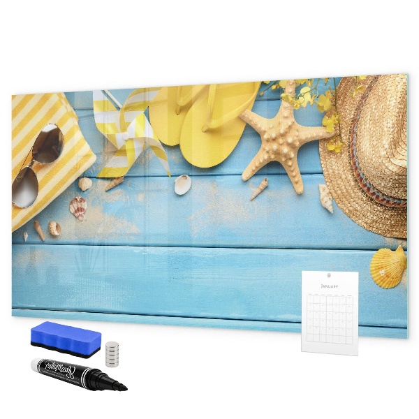 Decoratief glazen wandbord beschrijfbaar en magnetisch Zomerse herinneringen op een blauwe achtergrond