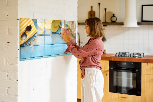 Decoratief glazen wandbord beschrijfbaar en magnetisch Zomerse herinneringen op een blauwe achtergrond