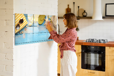 Decoratief glazen wandbord beschrijfbaar en magnetisch Zomerse herinneringen op een blauwe achtergrond