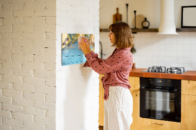 Decoratief glazen wandbord beschrijfbaar en magnetisch Zomerse herinneringen op een blauwe achtergrond
