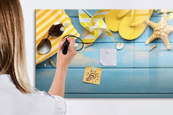 Decoratief glazen wandbord beschrijfbaar en magnetisch Zomerse herinneringen op een blauwe achtergrond