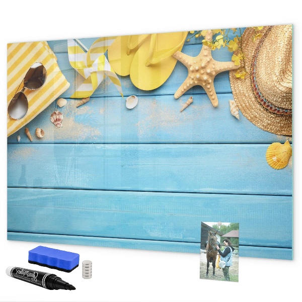 Decoratief glazen wandbord beschrijfbaar en magnetisch Zomerse herinneringen op een blauwe achtergrond
