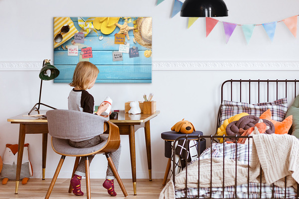 Decoratief glazen wandbord beschrijfbaar en magnetisch Zomerse herinneringen op een blauwe achtergrond
