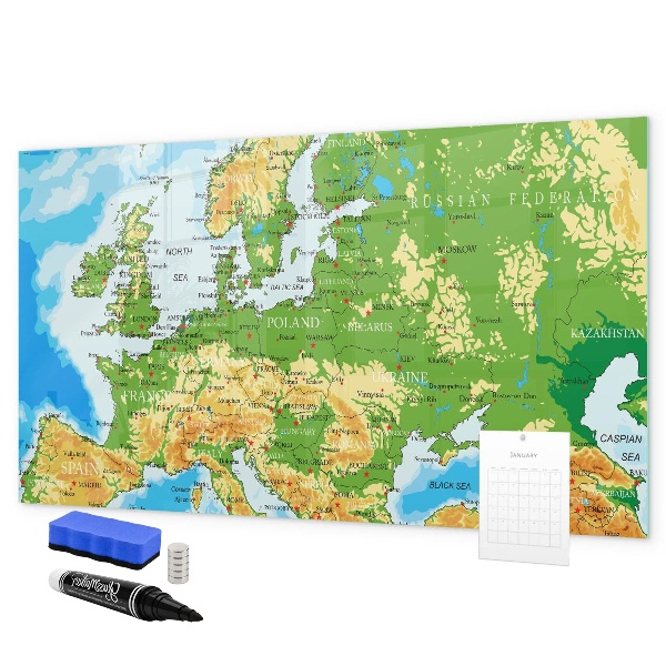 Decoratief glazen wandbord beschrijfbaar en magnetisch Een kaart van Europa voor persoonlijke herinneringen