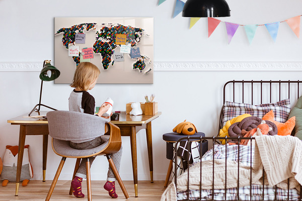 Decoratief glazen wandbord beschrijfbaar en magnetisch Interactieve wereld met fotospots