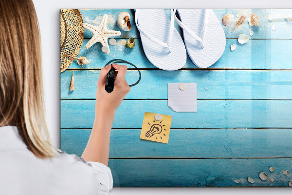 Decoratief glazen wandbord beschrijfbaar en magnetisch Zomerherinneringen op een kleurrijk bord.
