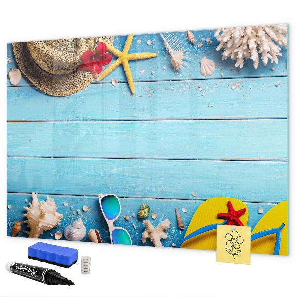 Decoratief glazen wandbord beschrijfbaar en magnetisch Zomerse herinneringen op een blauwe achtergrond